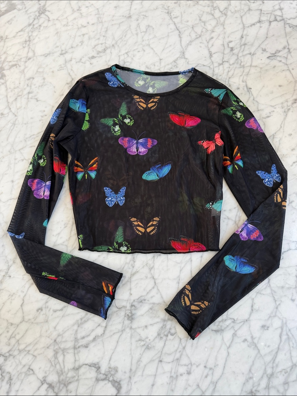 Womens Sz S Y2K Black Butterfly Mesh Long-Sleeve Crop Top